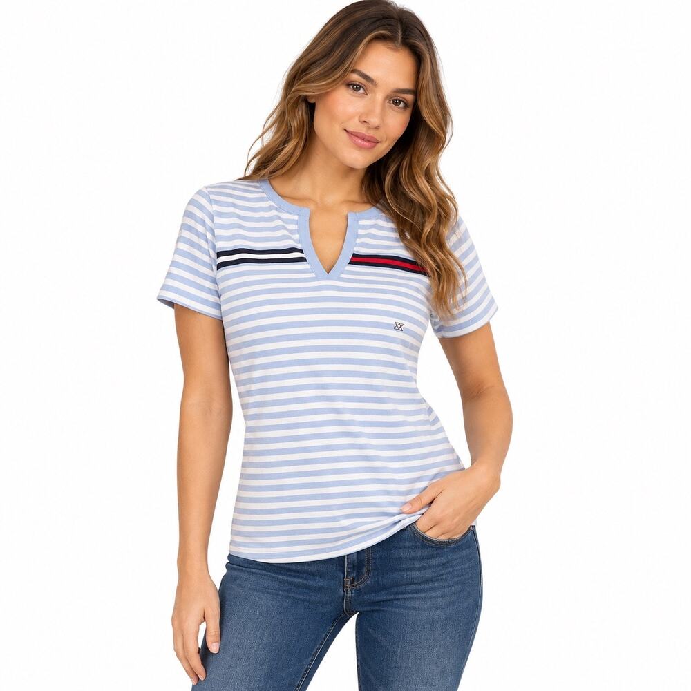 Tommy Hilfiger Womens XS Striped V Neck T Shirt Blue White Red Navy NWT